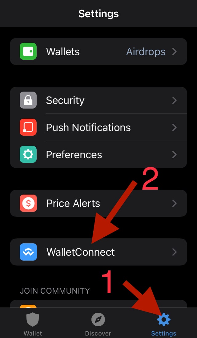 Кнопка  «WalletConnect» в разделе «Settings» 