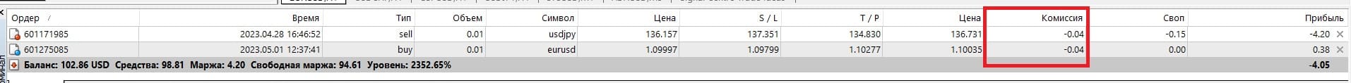 Комиссия за открытие сделки отображается в терминале