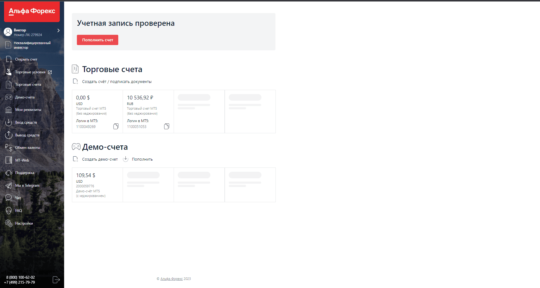 Интерфейс личного кабинета Альфа-Форекс
