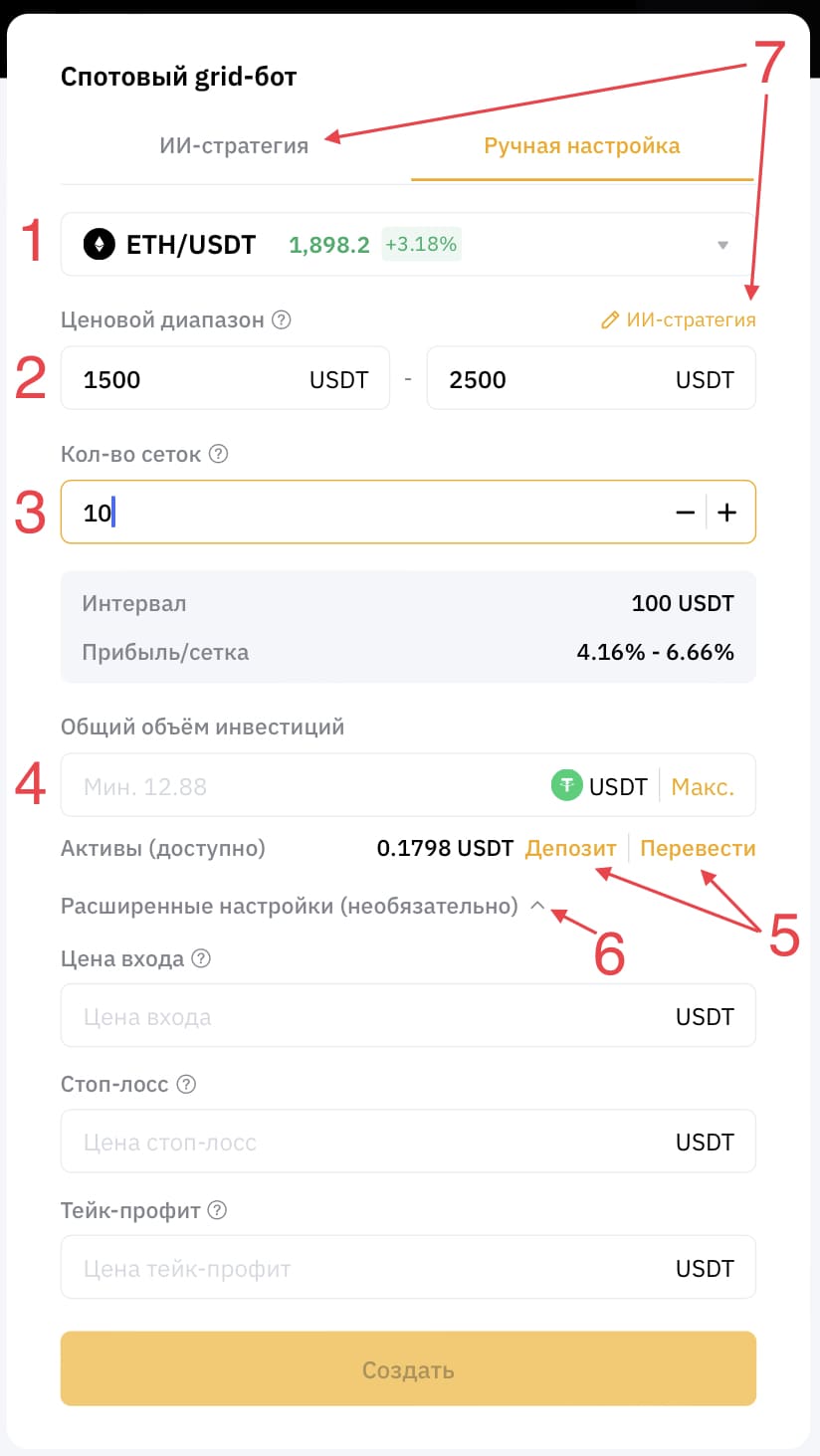 Настройки спотового grid-бота