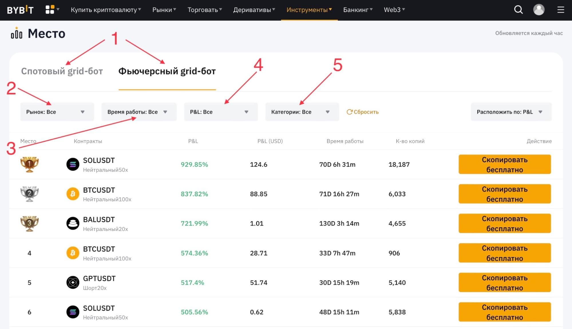 Фильтры для выбора ботов