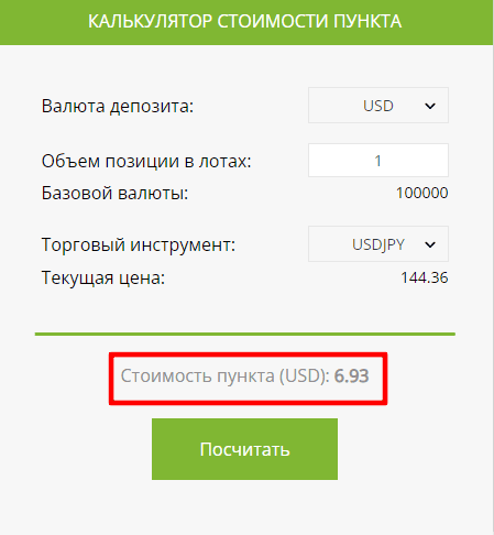 калькулятор для определения стоимости пункта по выбранному активу