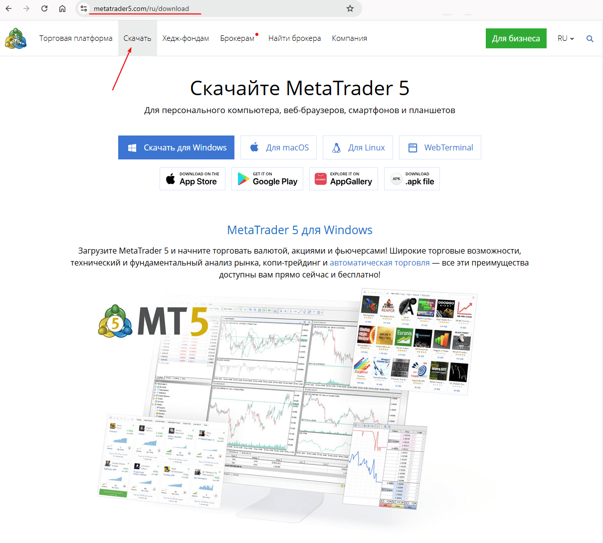 Скачиваем Метатрейдер 5 с официального сайта