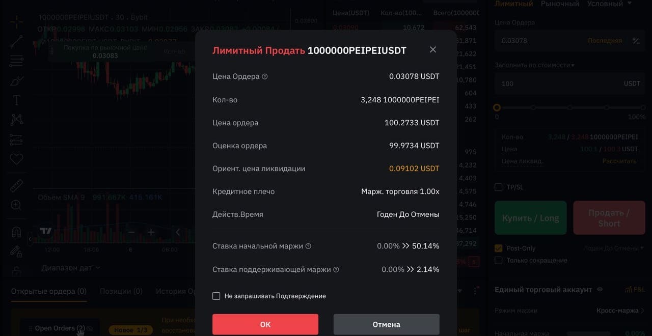 Выставление ордера на продажу 1000000PEIPEIUSDT
