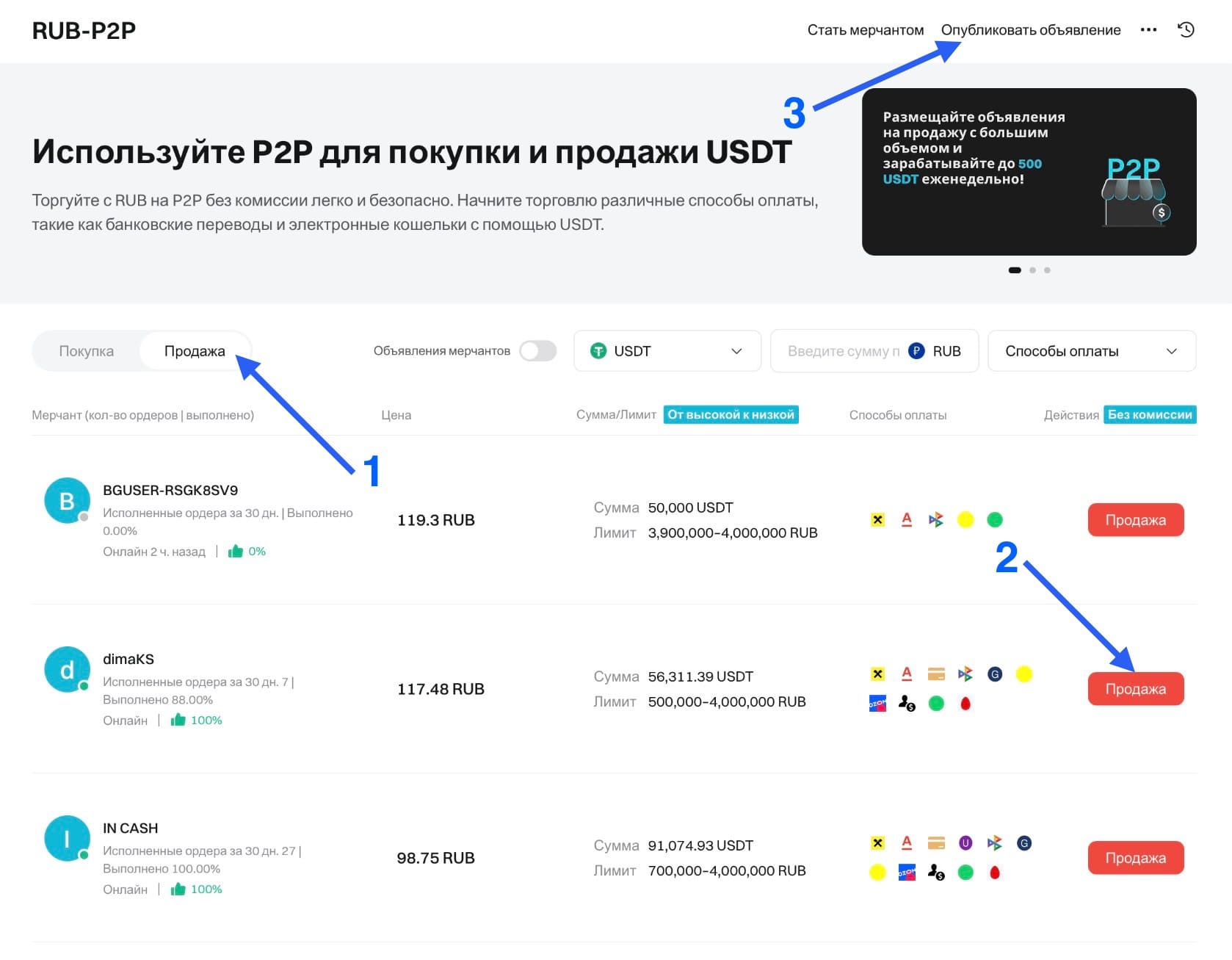 Продажа криптовалюты через P2P-торговлю на Bitget