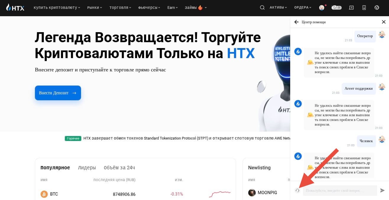 Кнопка для связи с агентом поддержки HTX