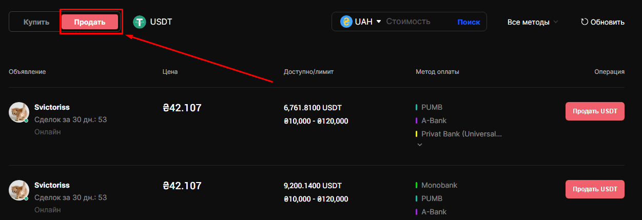 Страница P2P торговли для продажи крипты за фиат
