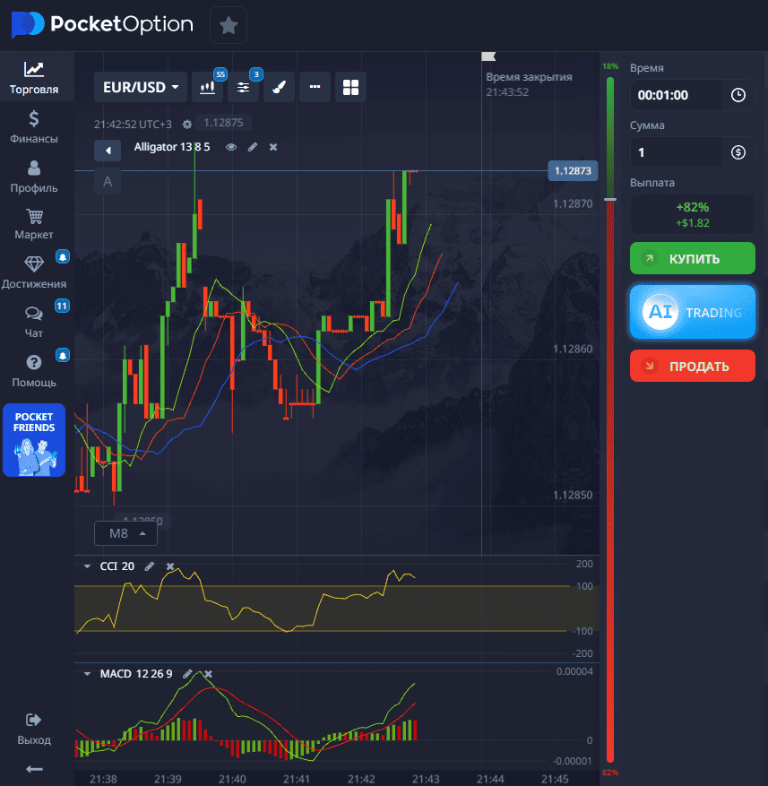 Интерфейс брокера Pocket Option.