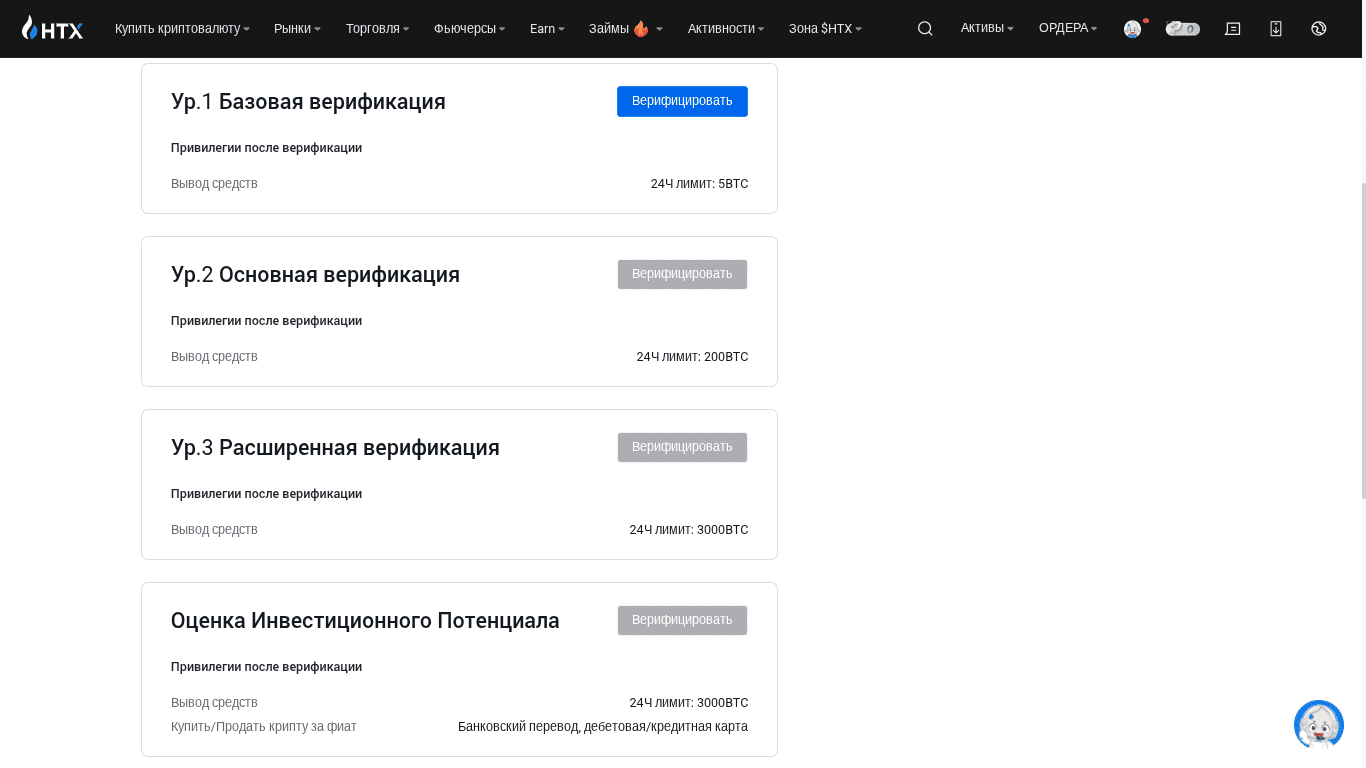 Уровни верификации на HTX
