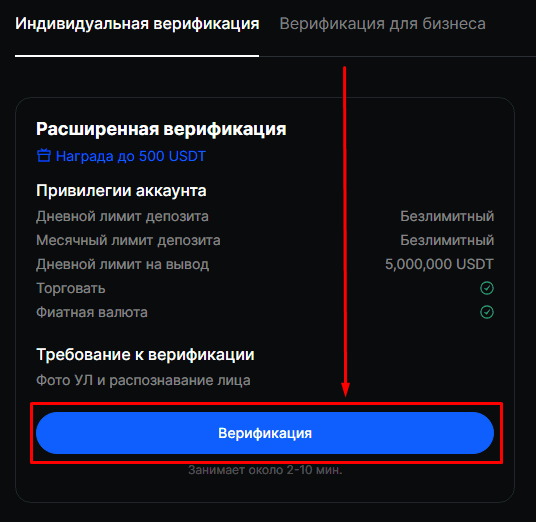 Форма для начала верификации на BingX
