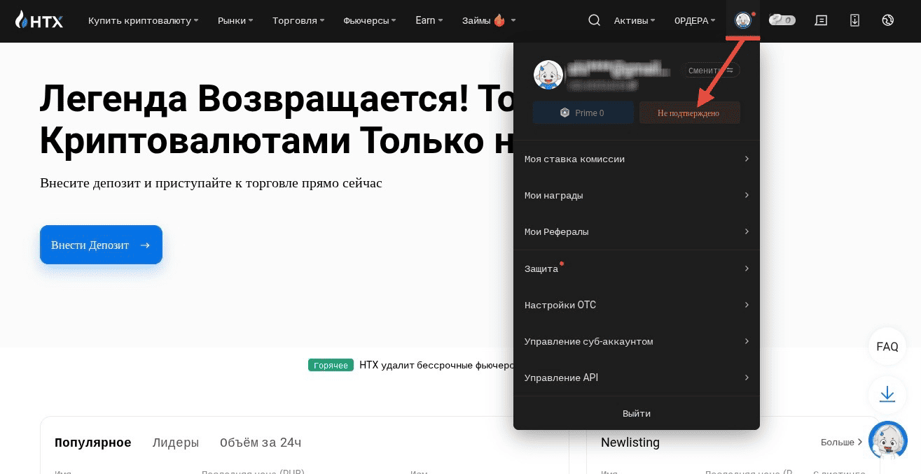 Кнопка верификации на сайте HTX