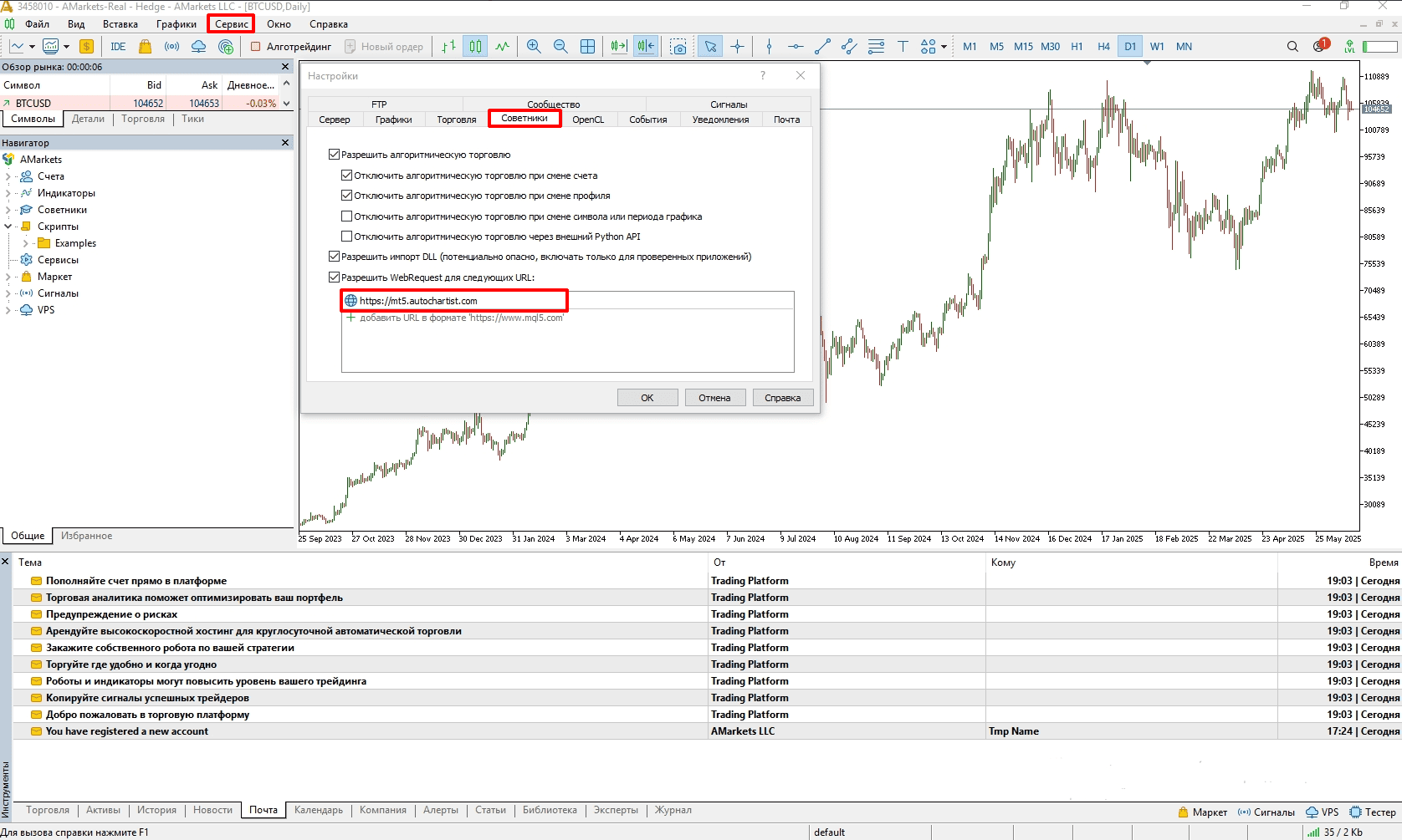 Настройка торговых сигналов Autochartist