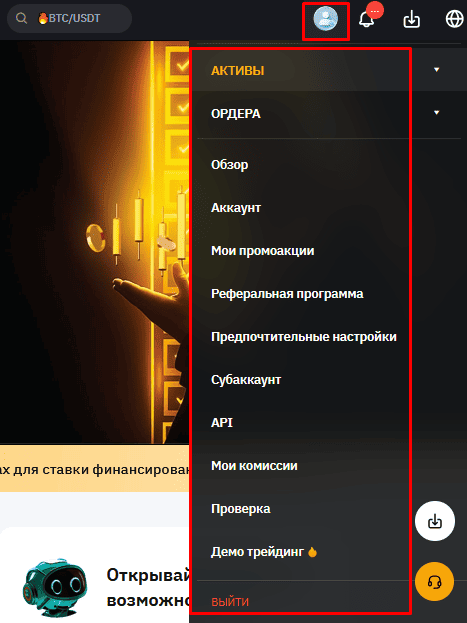 Пример разделов меню “Аккаунт” на Bybit