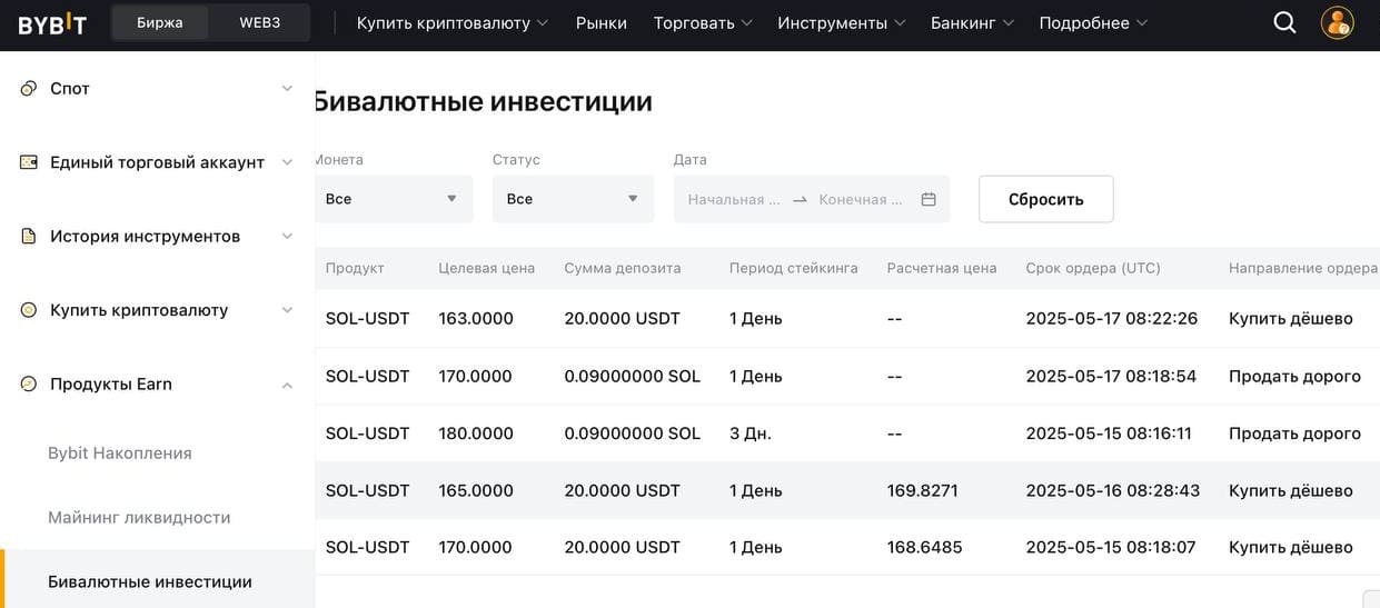 Список ордеров бивалютных инвестиций в первые дни эксперимента