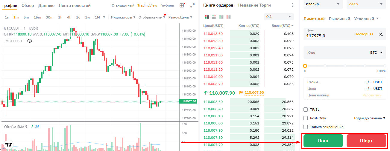 Интерфейс фьючерсной торговой пары (BTC/USDT)