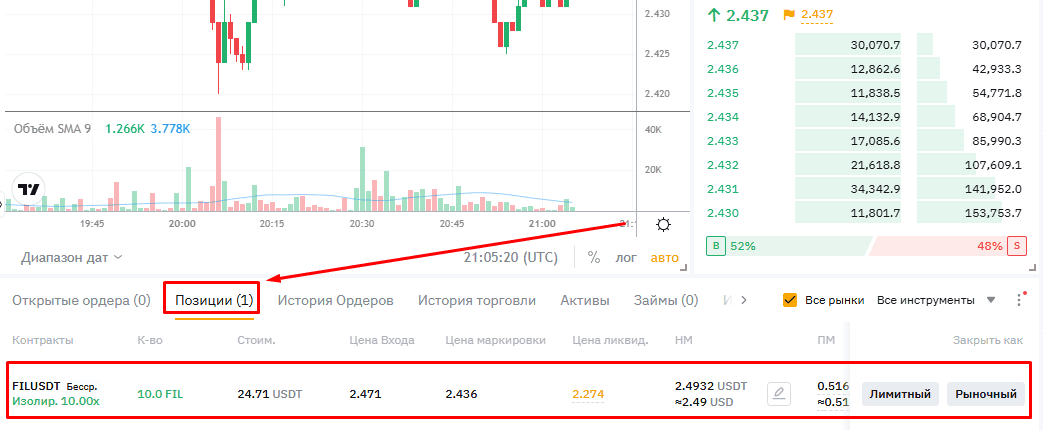 Панель активных маржинальных позиций на Bybit