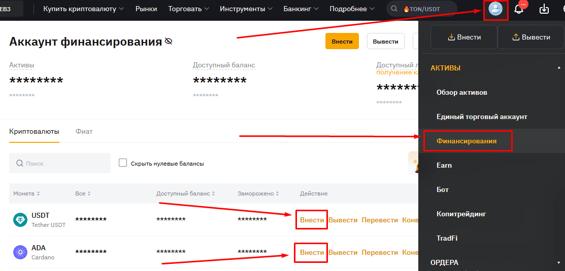 Пополняем счет сразу выбирая криптовалюту в кошельке Финансирования