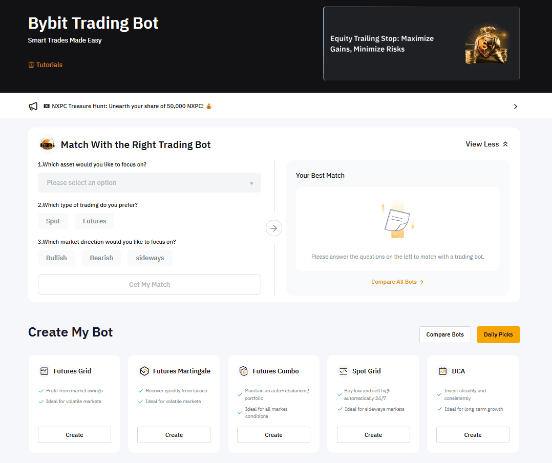 Интерфейс страницы создания торговых ботов на Bybit
