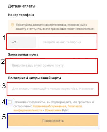 Заполняем данные для оплаты аккаунта QIWI