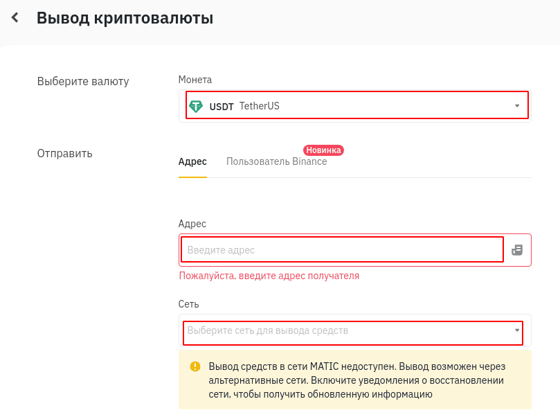 Заполняем форму для вывода криптовалюты с Binance