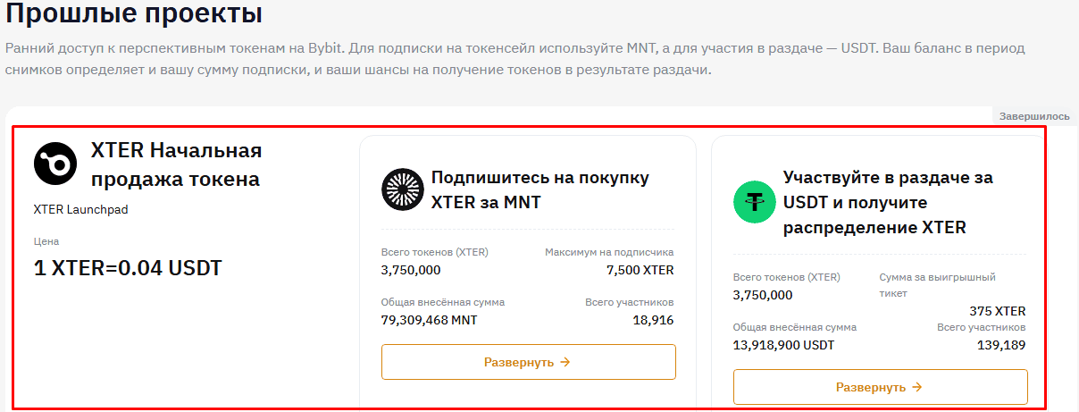 Интерфейс лаунчпадов на Bybit
