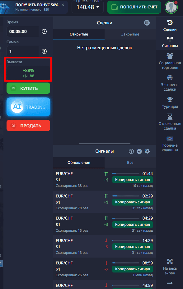 Процент выплаты по активу EUR/CHF