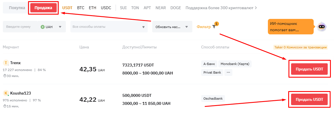 Продаем USDT и получаем оплату на карту через P2P