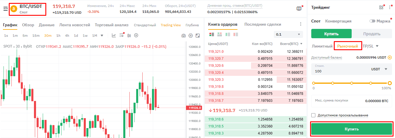 Интерфейс покупки криптовалюты на споте Bybit