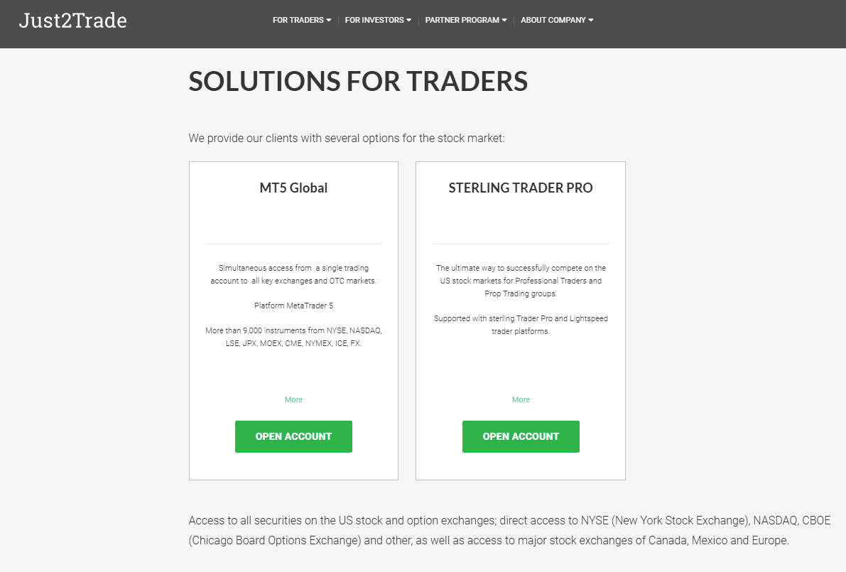 Скриншот с официального сайта Just2Trade Online.