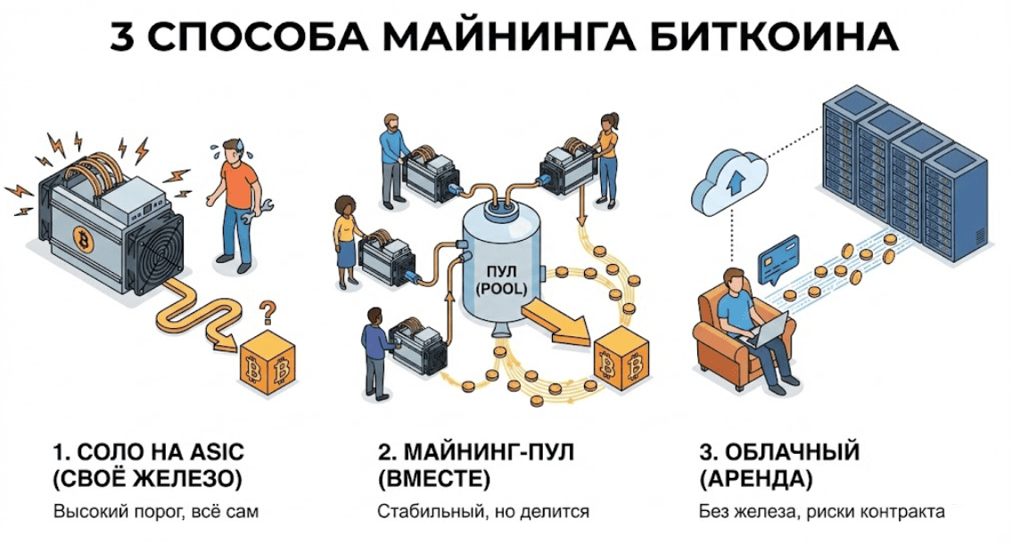 Как майнить биткоин, 3 способа.