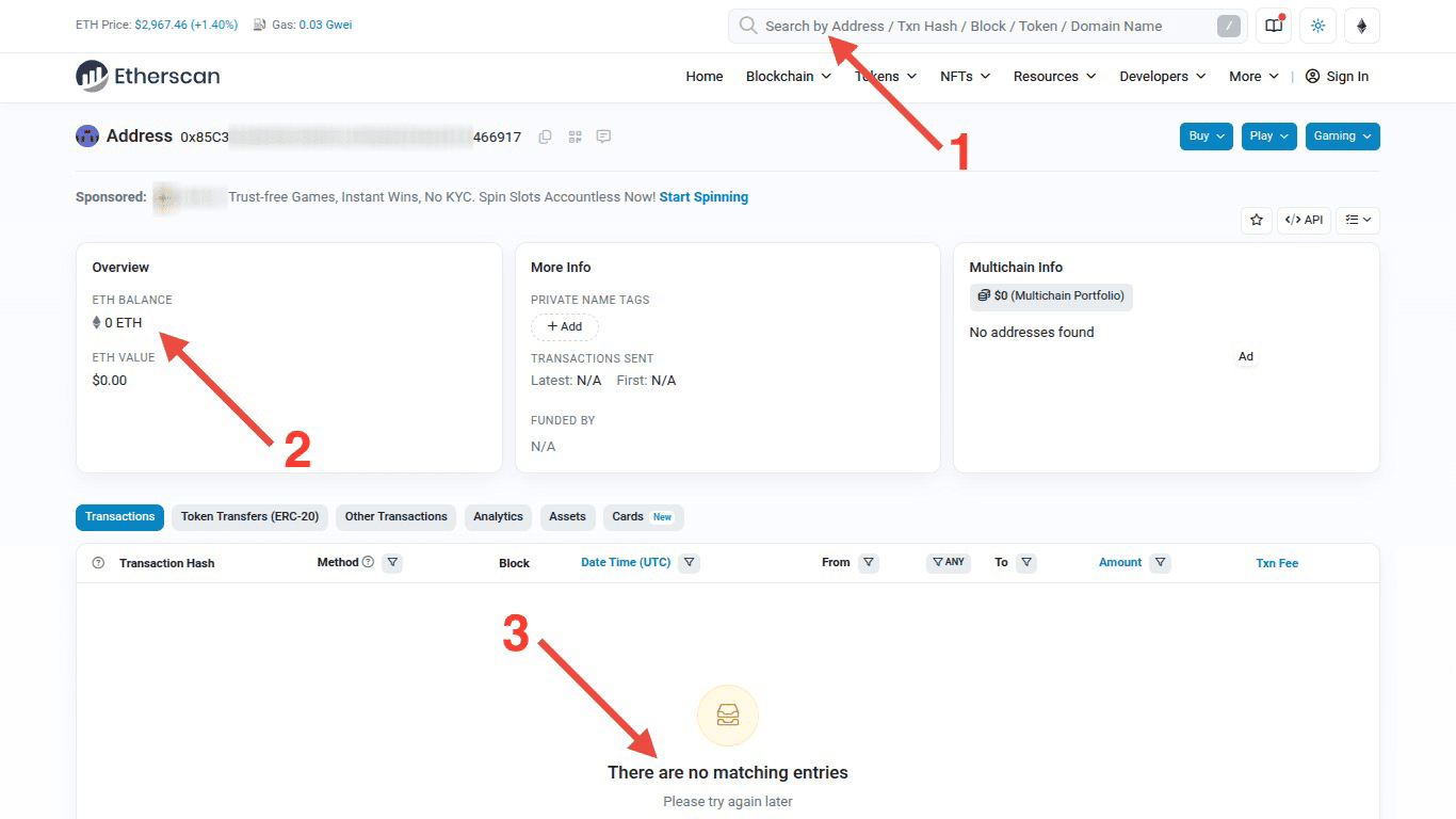 Проверка адреса в Etherscan