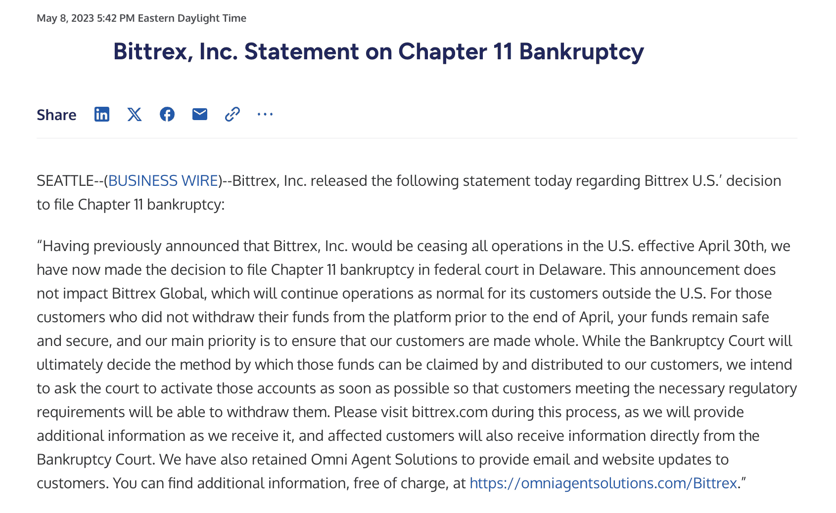 Пресс-релиз Bittrex