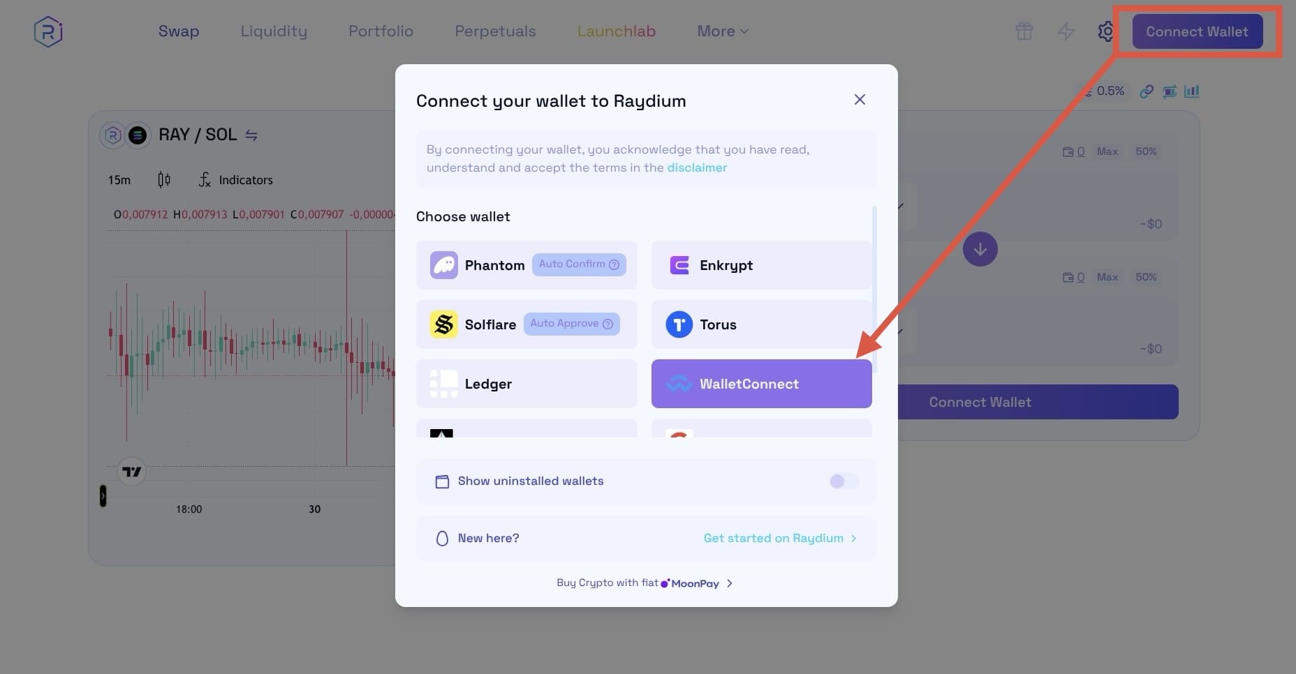 WalletConnect на сайте Raydium