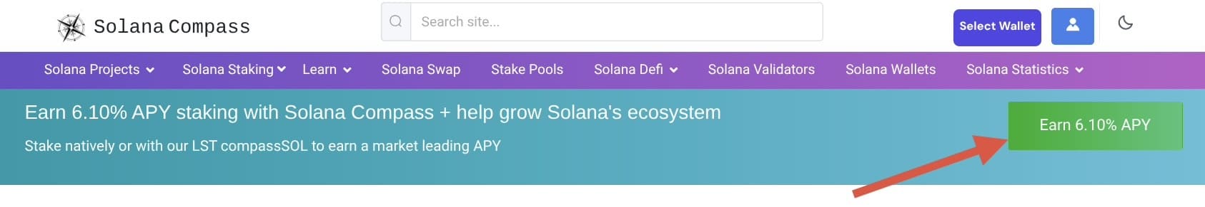 Доходность стейкинга на сайте Solana Compass