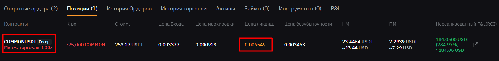 Пример открытой позиции на Bybit в режиме кросс маржи