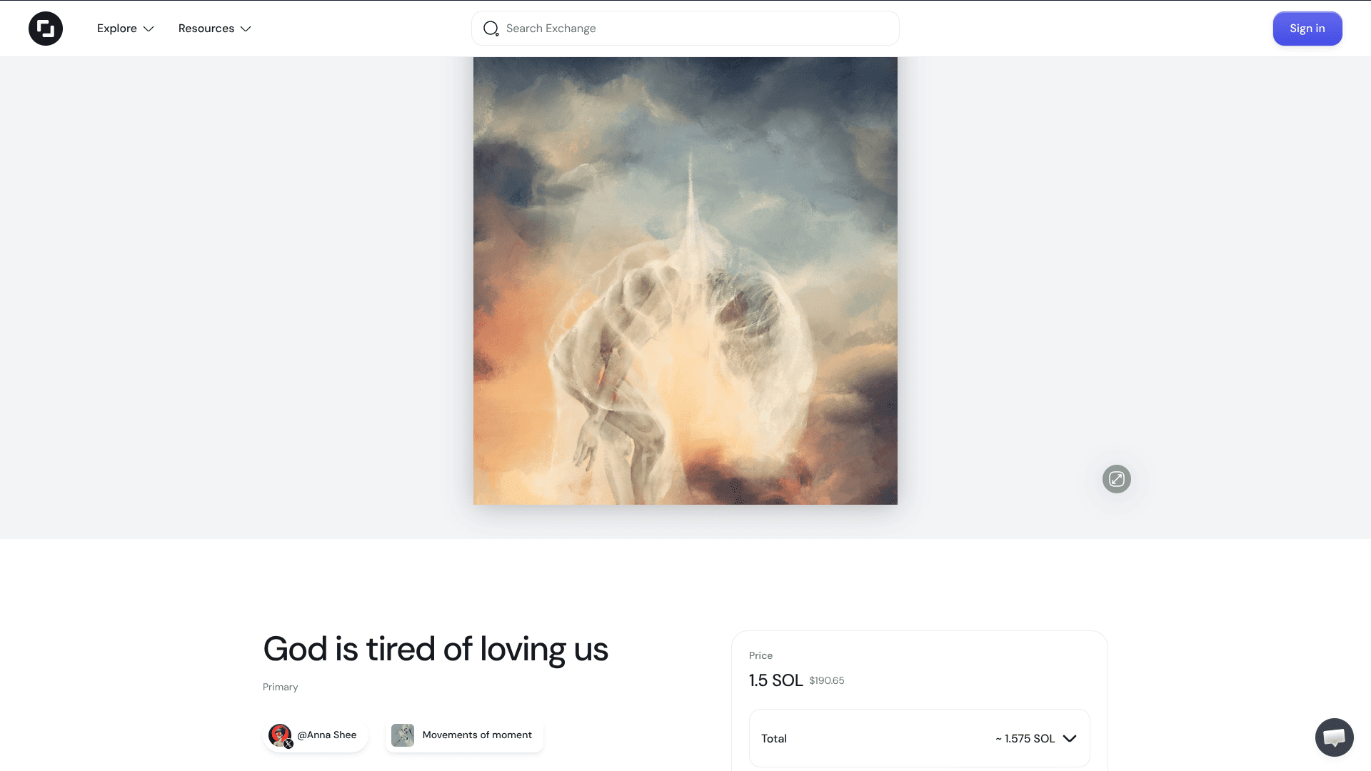 Продажа NFT за SOL на сайте exchange.art