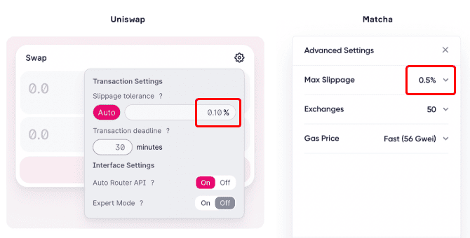 Настройки проскальзывания DEX