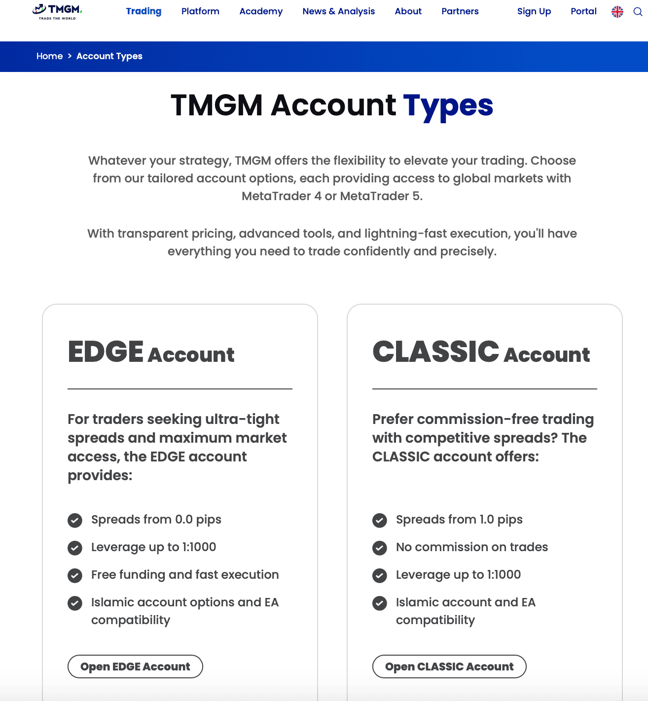 Типы счетов TMGM