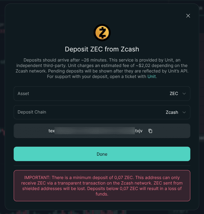 Депозит ZEC на Hyperliquid