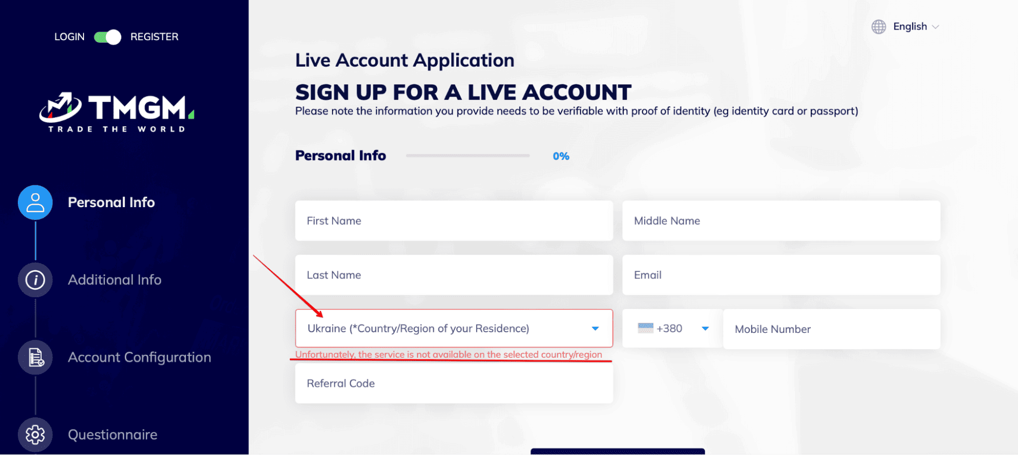 Регистрация личного кабинета TMGM