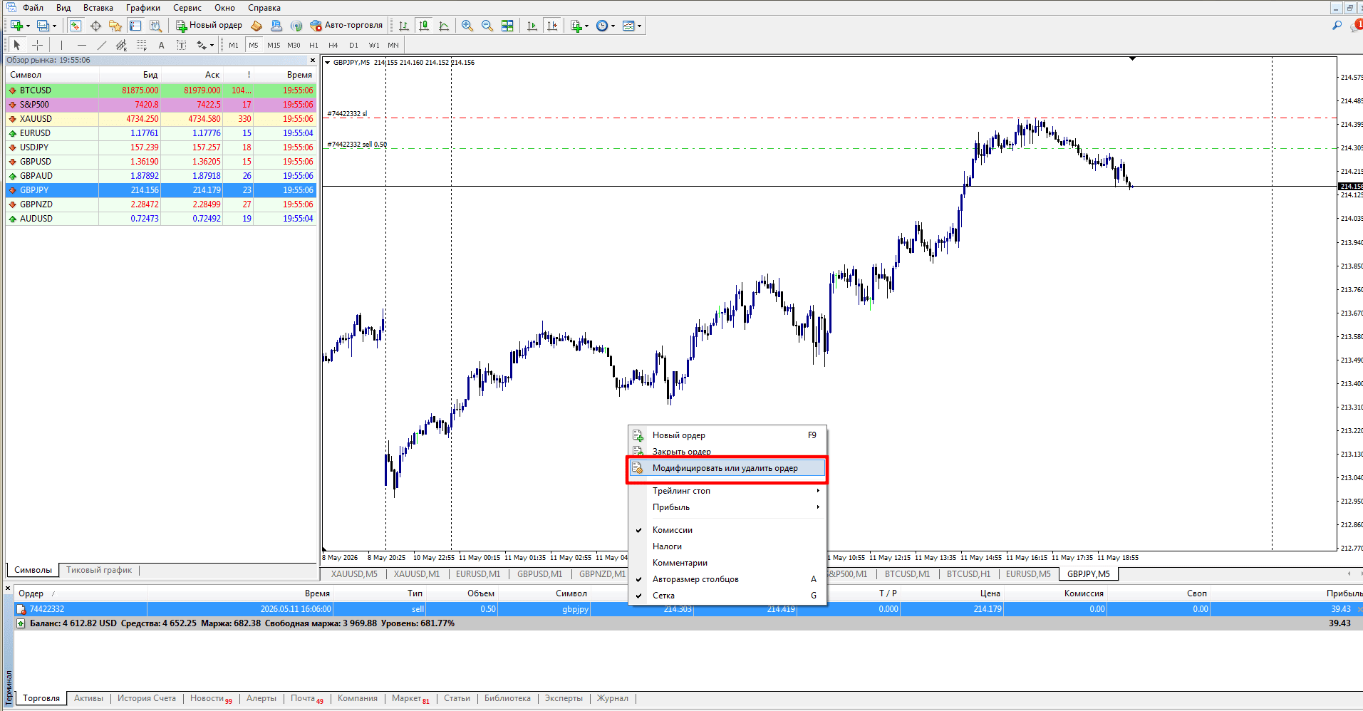 пример переноса Stop Loss в MetaTrader